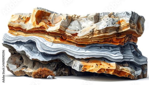 A detailed illustration of a large rock formation, showcasing intricate layers of varying shades of orange, gray, and beige, set against a plain white background.