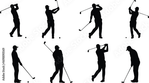 Silhouette illustration of golfers in various swinging and standing poses with golf clubs, black vector sportsmen isolated on white background for sport, fitness, recreation designs