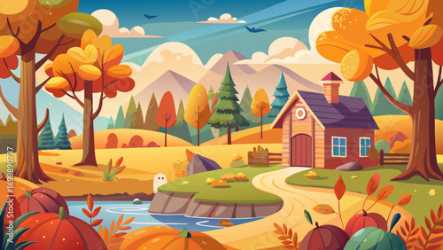 Random autumn scene in illustration style, Commercial illustration style,