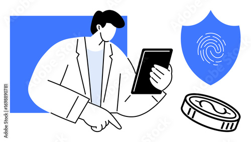 Business professional using tablet, shield with fingerprint, falling coin representing security, finance, and technology. Ideal for fintech, data analysis, cybersecurity, e-commerce digital