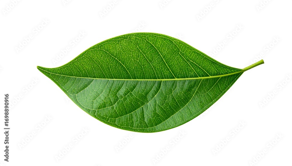 Fototapeta premium A close-up view of a vibrant green leaf, showcasing intricate vein patterns and a smooth surface against a stark white background.
