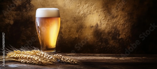 Glass of Light Beer With Wheat Ears Sits on a Wooden Table in Studio