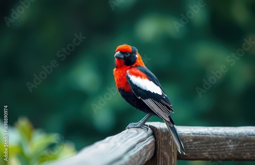 A vibrant bird with striking red and black plumage perched on a wooden railing against a blurred green background.