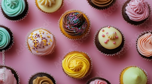 Assorted Cupcakes With Frosting and Sprinkles Arranged on a Pink Background.