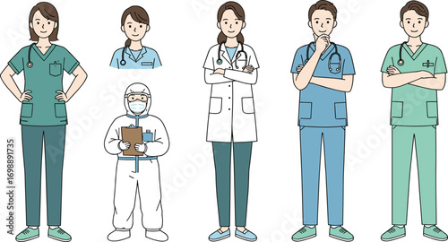 Group of medical professionals in uniform, doctors, nurses, healthcare workers and specialists, hospital team concept, cartoon illustration, clinical staff vector on white background