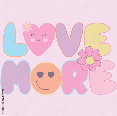 Hand drown cute more graphic for toddler girls and baby girls, heart with smile have and flower, hippie flowers - daisies. Colorful vector illustration print for sticker, bottle.