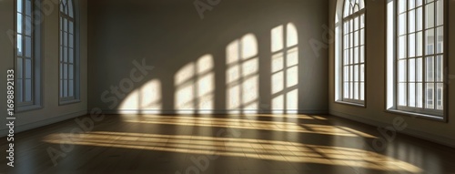 Sunlight Streams Through Windows Illuminating the Hardwood Floor in Empty Room.
