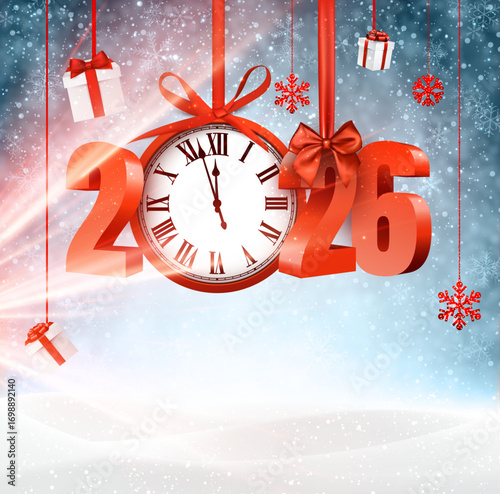 Festive 2026 New Year design with hanging clock, red ribbons, snowflakes, and gift boxes, perfect Vector illustration for holiday celebrations.