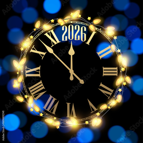 Elegant black and gold clock with glowing fairy lights marks the final moments before 2026. Vector illustration.