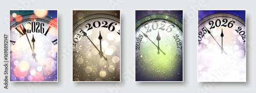 Set of festive clocks marking the final seconds before 2026, each with glowing backgrounds. Vector illustration.