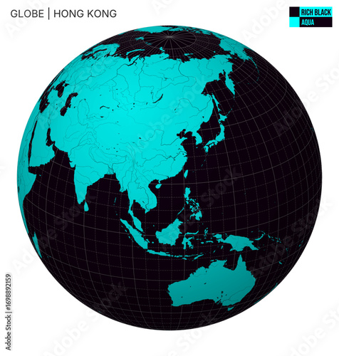 Vector Globe centered to Hong Kong. Rich Black Aqua palette. World map with meridians, parallels, countries, rivers and lakes. Amazing vector illustration.