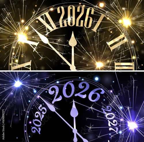 Golden and purple sparkling fireworks with glowing countdown clocks welcoming 2026 in a festive New Year Vector illustration.