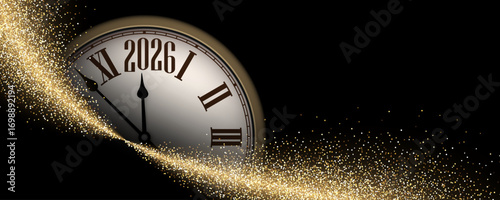 Stylish vintage clock nearing midnight with gold glitter trail, welcoming 2026. Vector illustration.