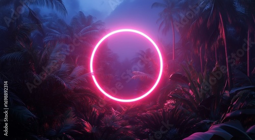 Neon Circle Glows in Dark Mysterious Jungle, Surrounded by Palm Trees at Night