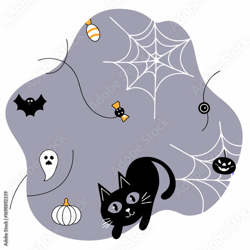 Playful black cat tangled in Halloween decorations like cobwebs and candy, funny cartoon style coloring page vector