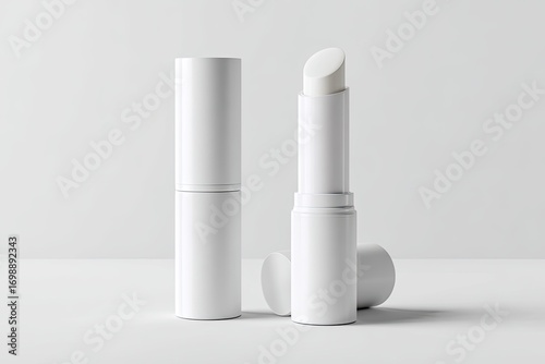 Two blank white cylindrical lip balm tubes, one open, on a light gray surface