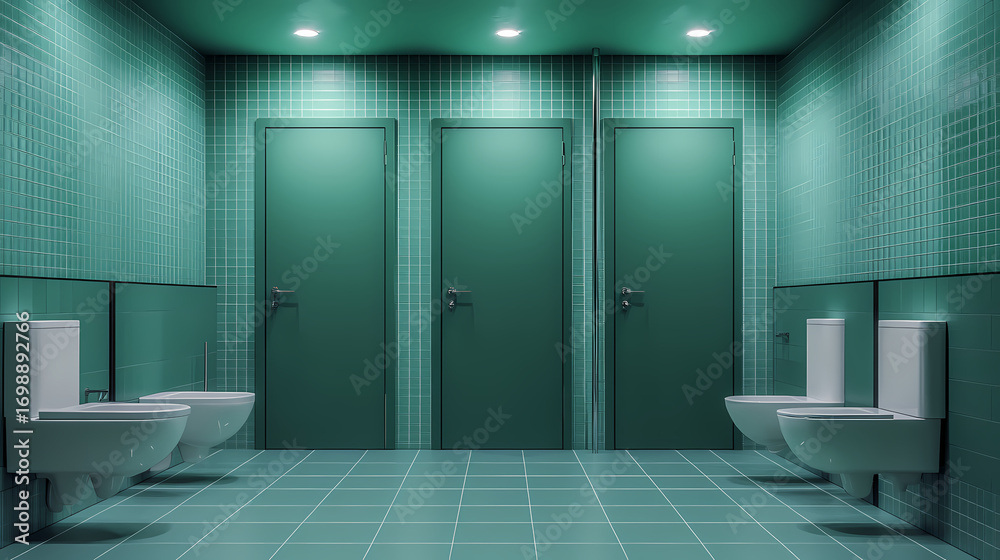 Fototapeta premium Green Public Bathroom Interior with Toilet Cubicles: A Concept of Modern Design and Sanitation