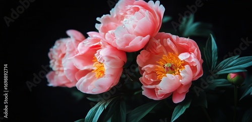 Four Pink Peony Flowers With Green Leaves Bloom Against Black Background