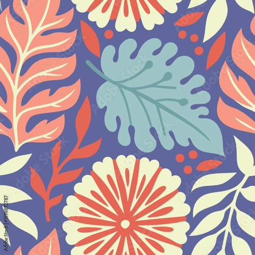 Seamless pattern with flowers, Retro floral pattern with orange yellow and blue hues.