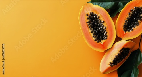 Three Slices of Ripe Papaya With Seeds and Green Leaves on Orange Background