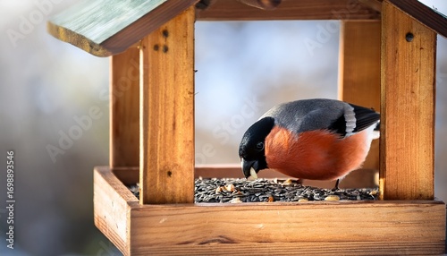 a bullfinch bird in a wooden feeder eats seeds
