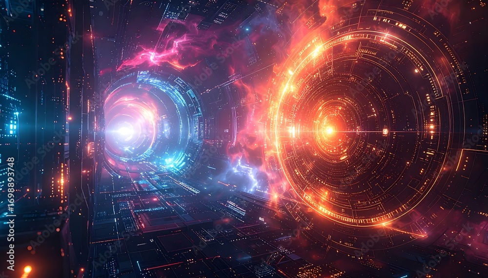 Obraz premium Futuristic tunnel with glowing rings