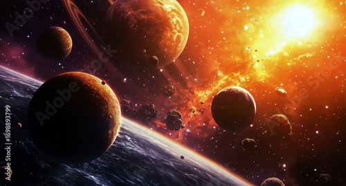 View of Many Planets and Space in a Distant Galaxy During Golden Hour.