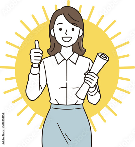 Smiling confident woman holding document and giving thumbs up, success and achievement concept illustration with yellow background rays, motivation, positive energy and encouragement vector design