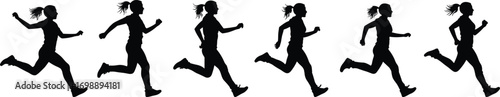 Silhouette sequence of woman running, isolated on white background, athletic motion, fitness concept, jogging, exercise, health, speed, sports.