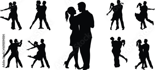 Silhouette of romantic dancing couples, isolated on white background, ballroom dance, elegant movement, passion, love, performance, celebration, grace.