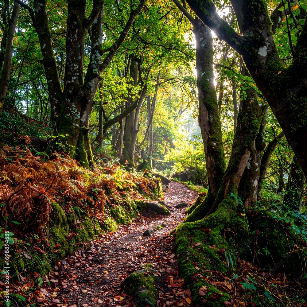 Obraz premium Sunlight streams through autumnal forest path