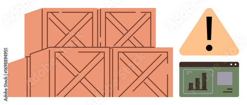 Stacked wooden crates beside caution warning triangle and analytics dashboard. Ideal for logistics, inventory, risk management, supply chain, business, data visualization, process optimization