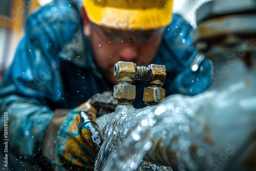 Worker repairs leaking pipe at industrial site during daytime using specialized tools and equipment