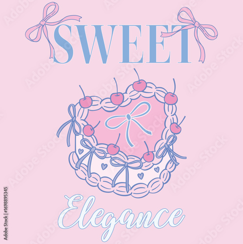 sweet cake and ribbon with cherry  and background on soft pink sweet cake graphic for girls t-shirts.