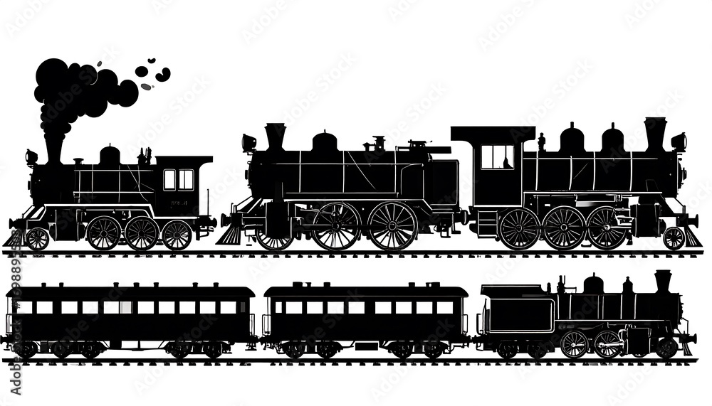 Obraz premium Silhouettes of vintage steam locomotives and passenger cars