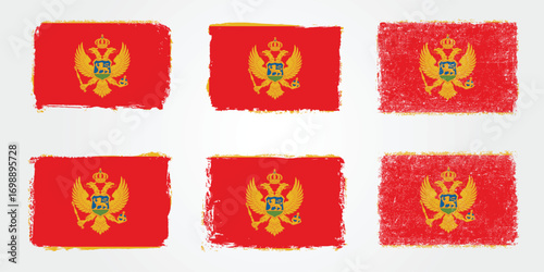 Brush stroke illustrations of Montenegro flag with red background and golden double-headed eagle