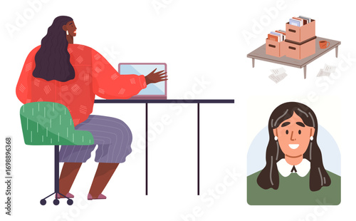 Woman at desk interacting with computer, archival boxes on shelves, and a smiling portrait. Ideal for productivity, organization, digital workflow, teamwork, office culture, efficiency simple flat