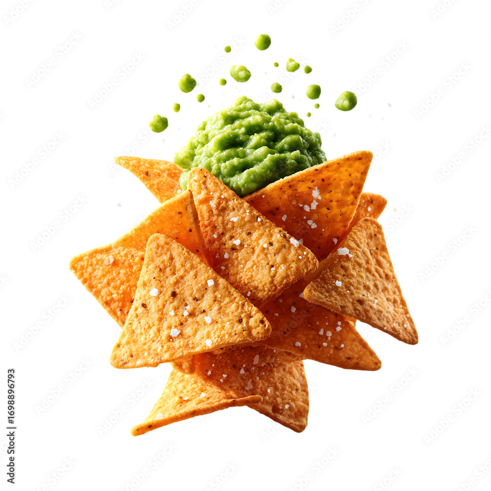 Fototapeta premium Hovering tortilla chips with visible salt crystals and guacamole dip droplets nearby