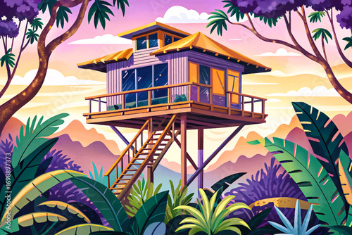 Treehouse cabin high above jungle canopy, wooden structure blending with tropical forest, adventurous remote retreat