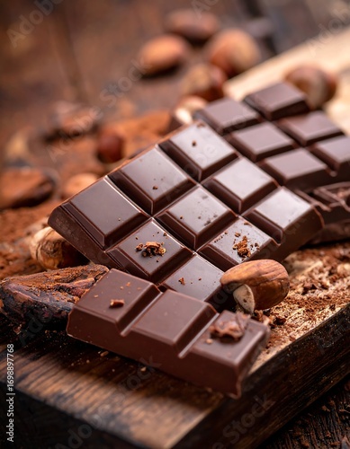 Dark chocolate bars, studded with nuts, sit on a rustic wooden surface, showcasing a rich, decadent treat.