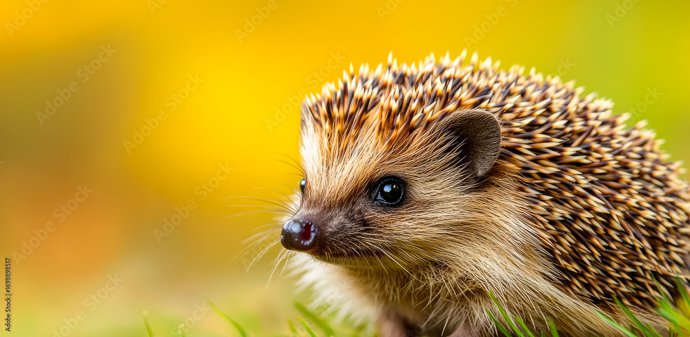 Fototapeta premium Hedgehog in a colorful garden. A hedgehog forages in a colorful garden on a sunny afternoon, highlighting its unique texture.