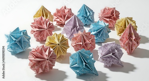 A pile of shimmering Christmas ornaments made of origami paper, intricate folds and bright pastel hues, laid out casually on a bright white background, delicate shadows, high detail.
