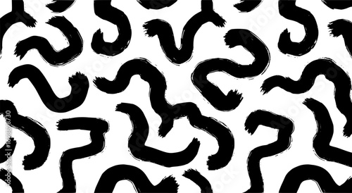 Wavy and swirled brush strokes vector seamless pattern. Black paint freehand scribbles, abstract ink background. Brushstrokes, smears, lines, squiggle pattern. Abstract wallpaper design, textile print