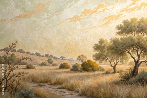 Textured African Savanna Landscape Painting with Dry Grass & Trees