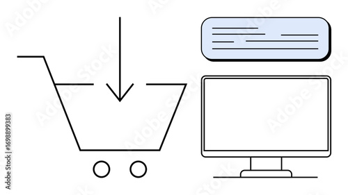 Shopping cart outline with downward arrow, desktop monitor, and air conditioner graphic. Ideal for e-commerce, retail, electronics, delivery, online shopping technology cooling systems. Simple flat