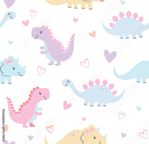 Cute dinosaur princess hand drawn colorful magic sweet baby animal character childish set. Beautiful girl dino, happy Jurassic creature,vector illustration, For textiles, covers, wallpapers.