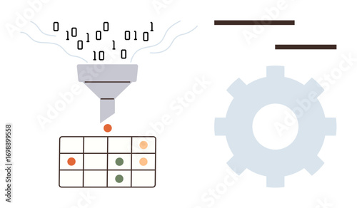 Funnel filtering binary input into colored data points on table, accompanied by gear icon. Ideal for data processing, machine learning, automation, analysis, AI, organization and workflow. Simple