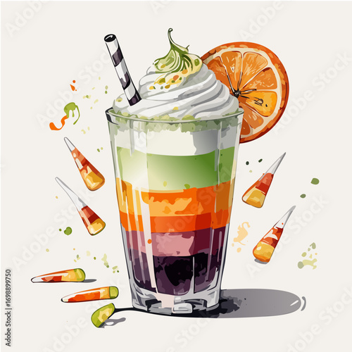 Candy Corn Cocktail Vector Collection with Whipped Cream, Citrus, and Festive Halloween Layers