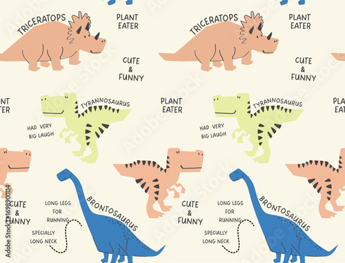 Seamless dinosaurs pattern with text playful Dino colorful Triceratops, with text elements like cute and funny, Dino Power, Perfect for kids' apparel, textile, wallpapers designs.