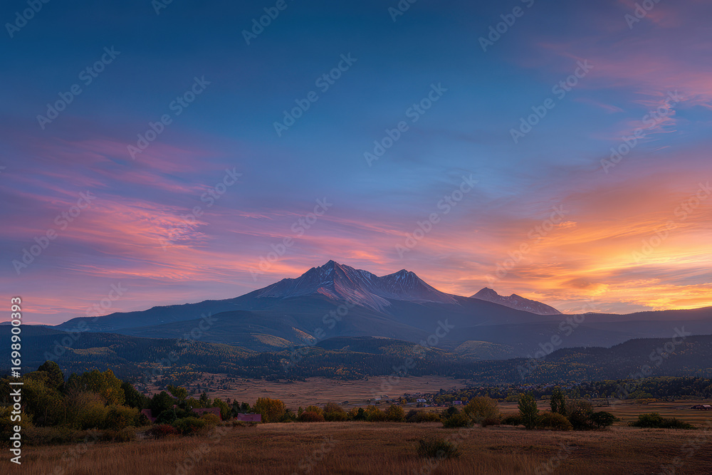 Obraz premium breathtaking sunset unfolds over majestic mountain peaks casting spectacular colors across sky